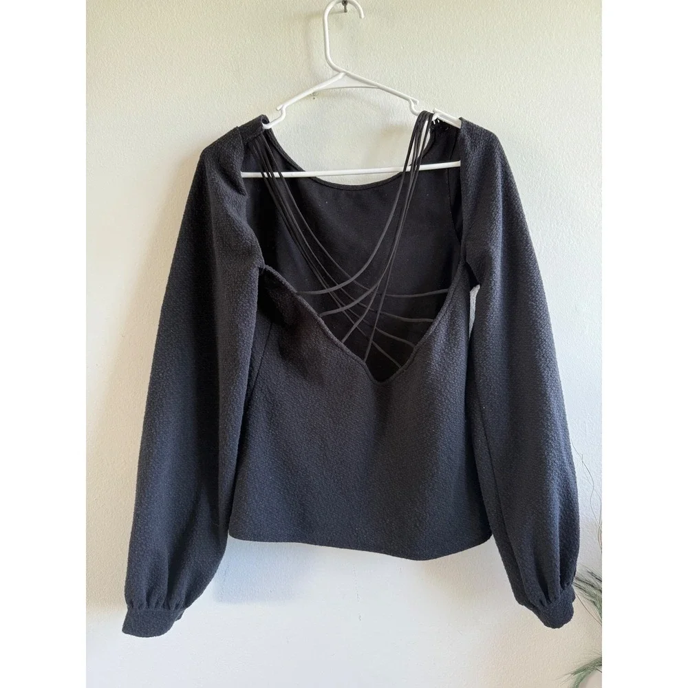 Free People Black Textured Open Back Strappy Balloon Sleeve Top M